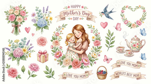 Schilderij op canvas A mother tenderly hugs her child surrounded by vibrant flowers and gifts on Mother's Day