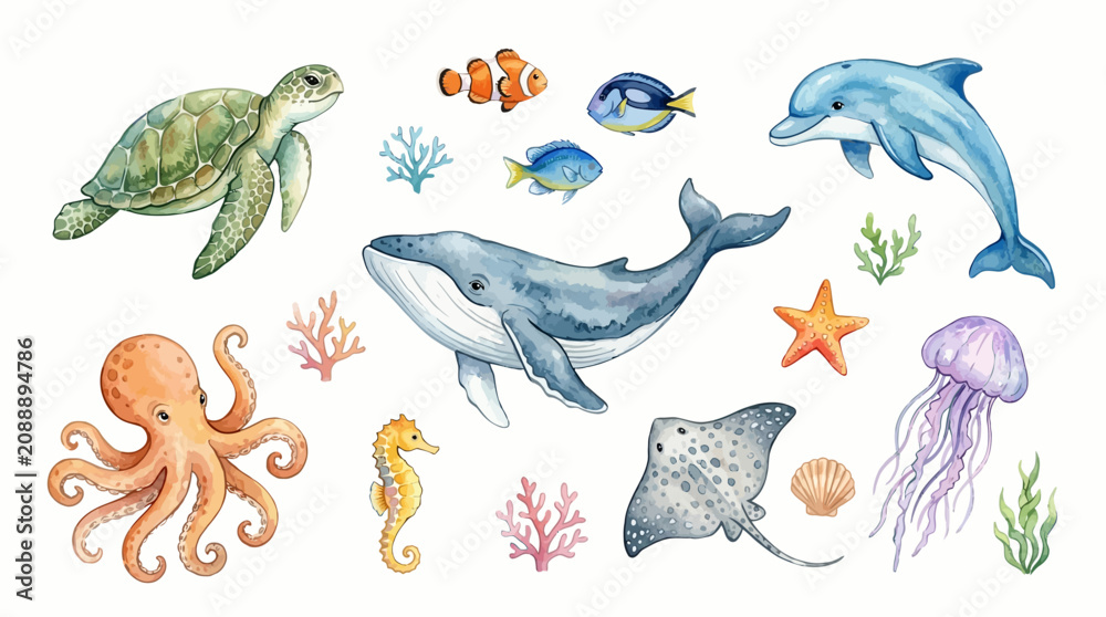 Fototapeta premium Various sea creatures are swimming together in the ocean water