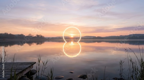 Glowing golden ring floating above a calm lake during a beautiful sunset with pink and orange sky reflection