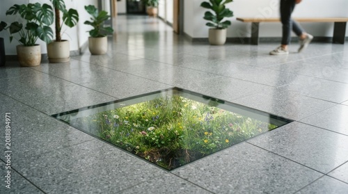 Small green indoor garden inside a glass floor panel in a modern office building lobby
