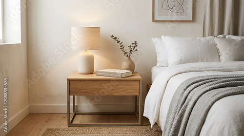 Cozy minimalist bedroom with white bed and wooden nightstand and lamp