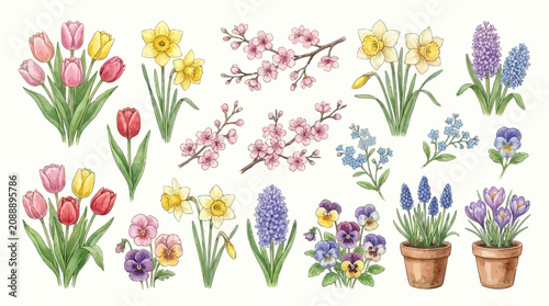 фотографія Watercolor Spring Flowers Collection Featuring Tulips, Daffodils, Hyacinths, and