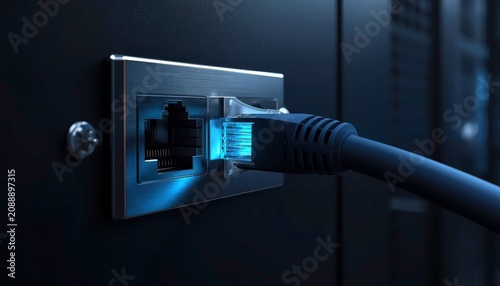 3D render of an enterprise grade network socket in a dark NOC room.