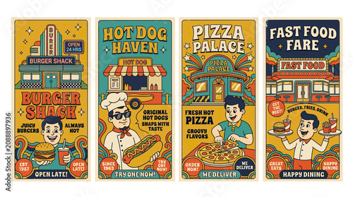 Retro Fast Food Posters: Burger, Hot Dog, Pizza & Fries - Vintage Style