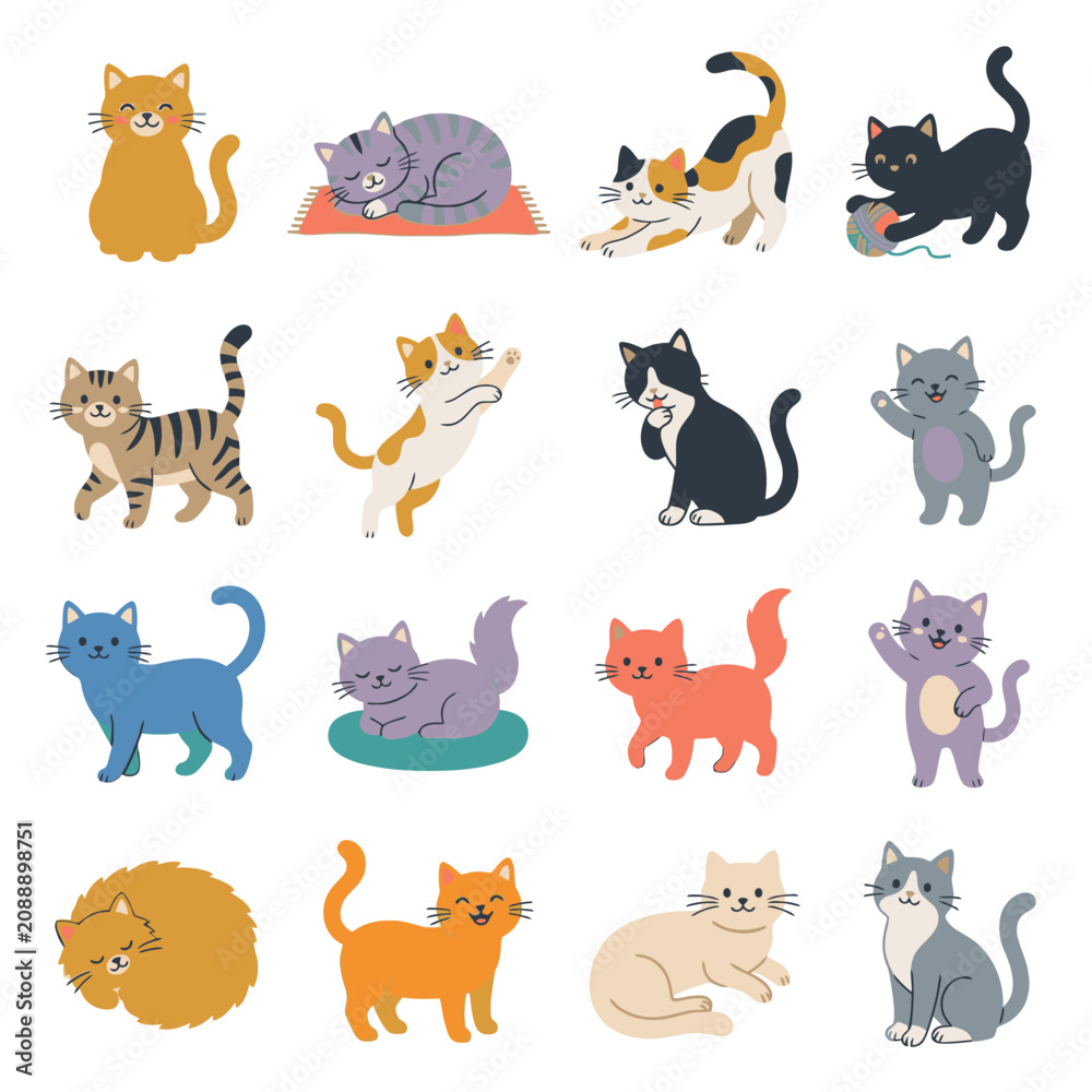 Fototapeta premium Cute Cat Character Collection Featuring Playful Kittens in Different Colors and Poses