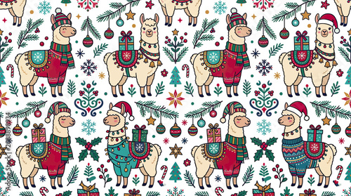 Cute Christmas Llama Pattern Seamless Holiday Design