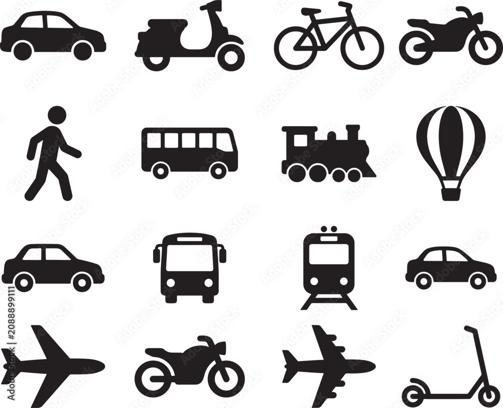 Naklejka premium Collection Of Transportation Icons In Silhouette Style For Various Modes