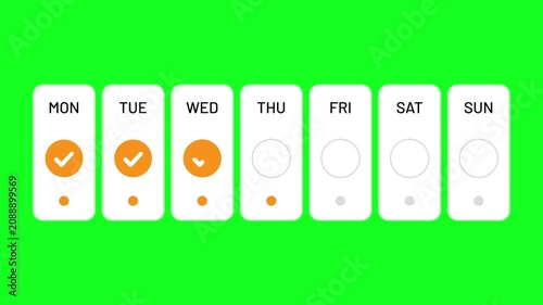 Weekly habit tracker. Seven day habit tracker with white buttons and orange completion marks on green background. Suitable for goal setting apps.