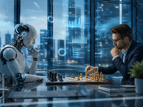 Businessman Playing Chess Against Humanoid Robot in Modern Office, Symbolizing Strategic Competition Between Humans and AI