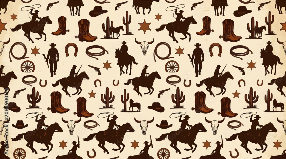 Fototapeta premium Western Cowboy Pattern with Horses, Boots, and Cacti - A Rustic American Design