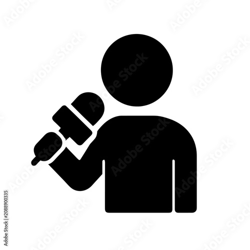 Foto Reporter holds a microphone to deliver news or conduct an interview in this black icon