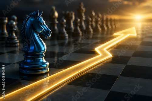 Strategic business growth concept with blue chess knight and glowing upward arrow on chessboard at sunrise