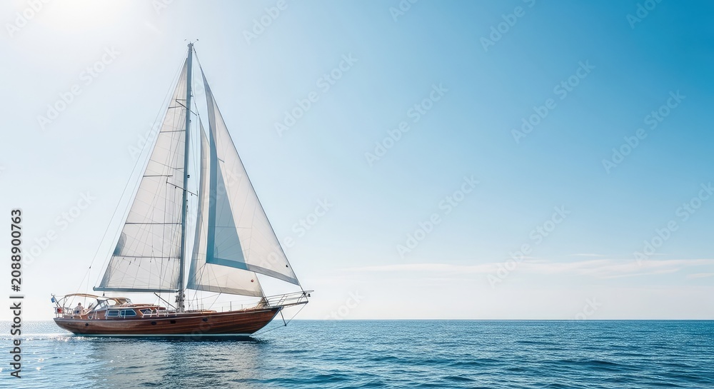 Naklejka premium A majestic wooden sailboat glides gracefully across calm blue ocean waters under a clear sky during a bright and truly peaceful summer day, outdoors, day, tranquil