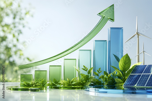 Green business growth chart with renewable energy plants solar panels and wind turbines in sustainable economy concept