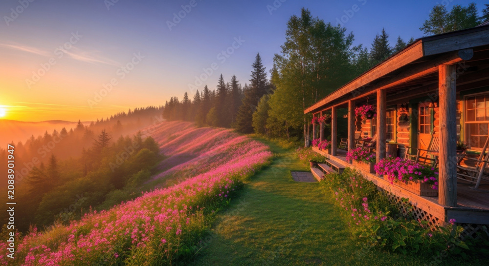 Fototapeta premium Idyllic Mountain Cabin Retreat At Sunrise With Wildflower Meadows