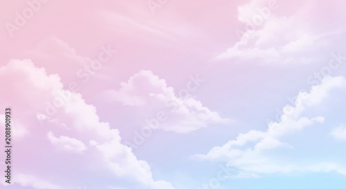 淡いピンクと水色が溶け合う空 柔らかな光が雲を優しく照らし幻想的なグラデーション背景を彩る. AI Generated