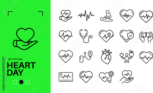World Heart Day Line Icon Set Medical Cardiology Healthcare Awareness Editable Stroke Vector