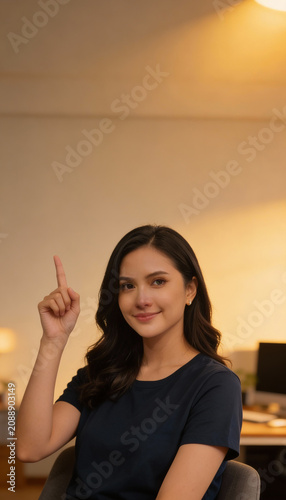 Young Indonesian Woman Getting Idea, Pointing Up in Warm Indoor Setting