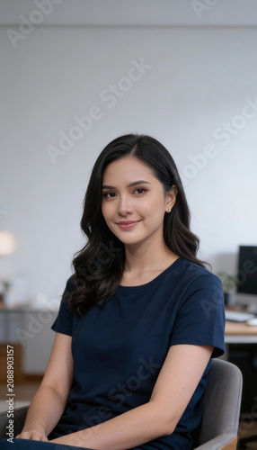 Young Indonesian Woman Getting Idea, Pointing Up in Warm Indoor Setting