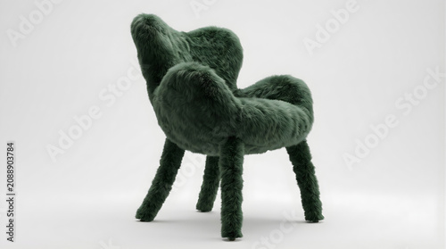 Modern furry accent chair isolated on white background. Luxury designer furniture with soft faux fur upholstery, minimalist style 