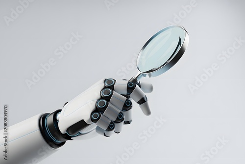 Robot hand holding a magnifying glass for scientific investigation with research