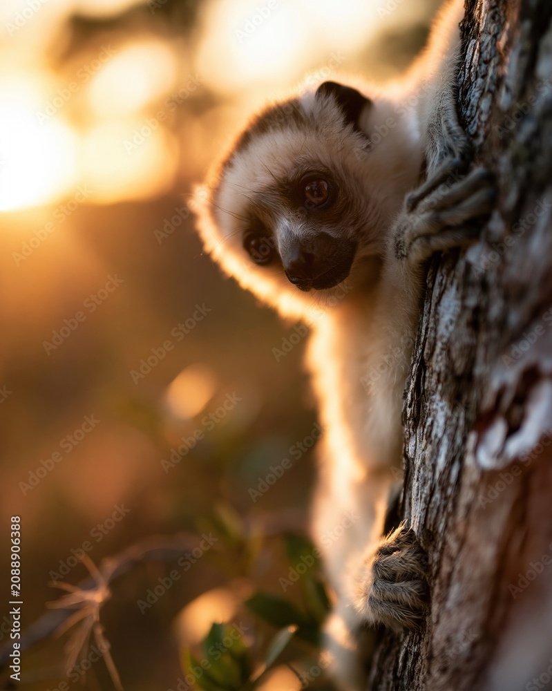 Fototapeta premium Diademed sifaka lemur clinging to a tree trunk in a golden sunlit forest, featuring its plush glowing fur and curious expression for wildlife