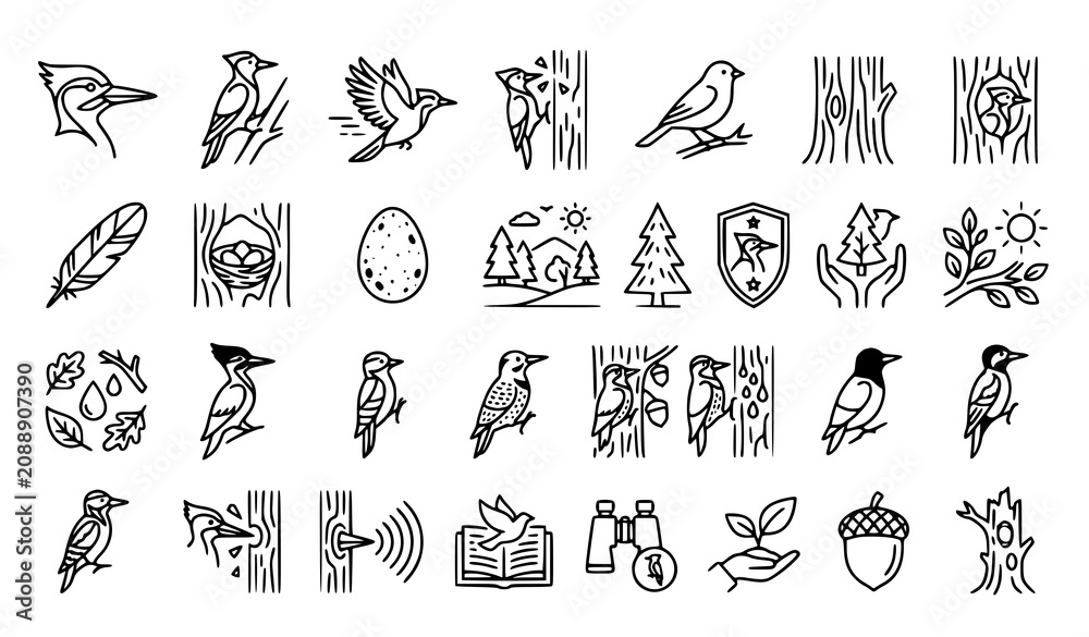 Fototapeta premium Woodpecker and Forest Bird Icon Collection with Tree Trunk Wildlife Woodland and Nature Symbols Editable Vector Set