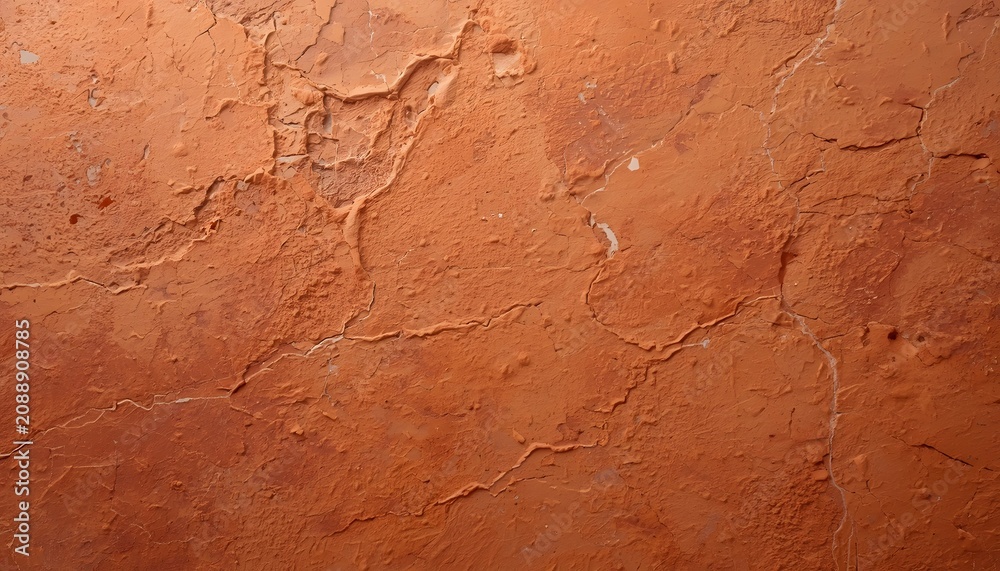 Fototapeta premium Textured terracotta clay wall surface with detailed cracks and rough rustic plaster texture.