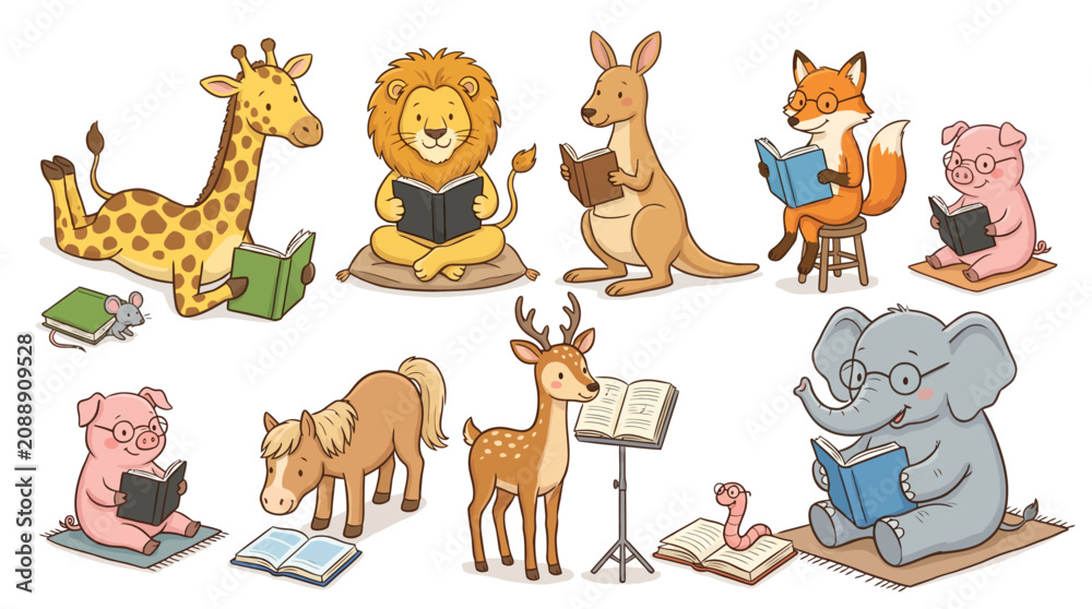 Fototapeta premium Whimsical illustration of a diverse group of animals reading books together in a playful, educational scene for kids