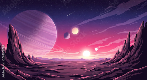 Surreal alien planet landscape under a purple sunset with multiple moons landscape dystopian exploration extraterrestrial atmosphere mountain astronomy universe celestial