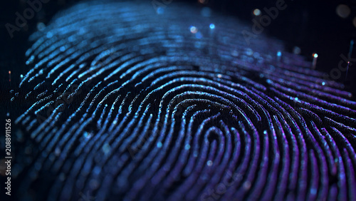 Close-up of glowing blue and purple digital fingerprint texture, ideal for cybersecurity, identity verification and technology concepts