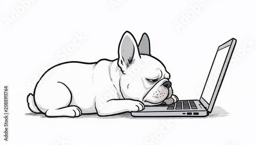 Exhausted French Bulldog sleeping on laptop keyboard, humorous illustration, ideal for online work, business fatigue and pet lifestyle content