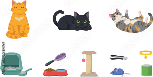 Cute Domestic Cat Breeds Vector Set with Pet Care Accessories Including Litter Box, Scratching Post, Food Bowls, Toys, and Canned Food