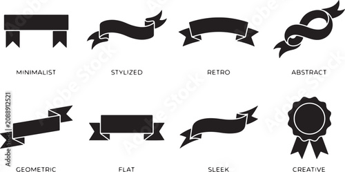 Set of eight black ribbons and banners with different shapes for creative graphic designs