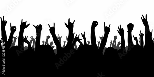 Crowd Silhouette With Raised Hands Against A White Background
