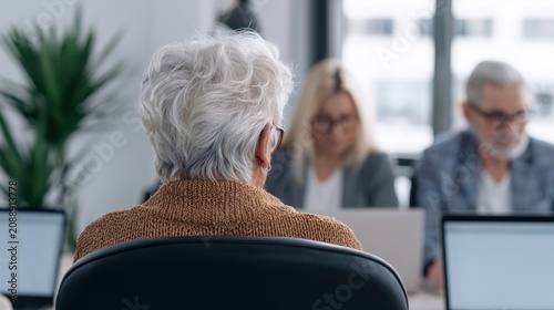 Older woman joins meeting with colleagues in bright office workspace. Teamwork, mentoring and professional collaboration among mature workers