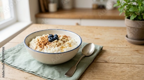 Bowl of creamy rice pudding topped with blueberries and almonds. Healthy breakfast or dessert with cinnamon and honey on a wooden table
