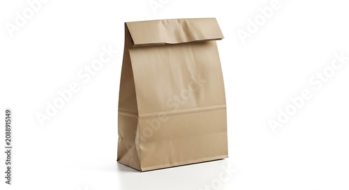 Brown paper bag with folded top isolated on white background.