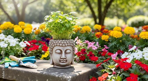 Buddha head planter with fresh green herbs in a colorful flower garden.