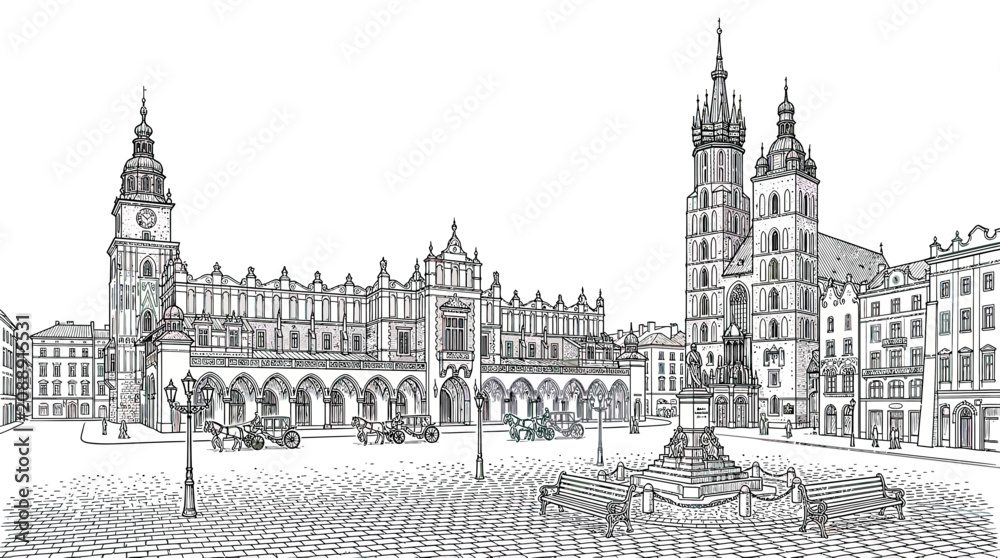 Fototapeta premium Historic European City Square Landmark Architecture Drawing
