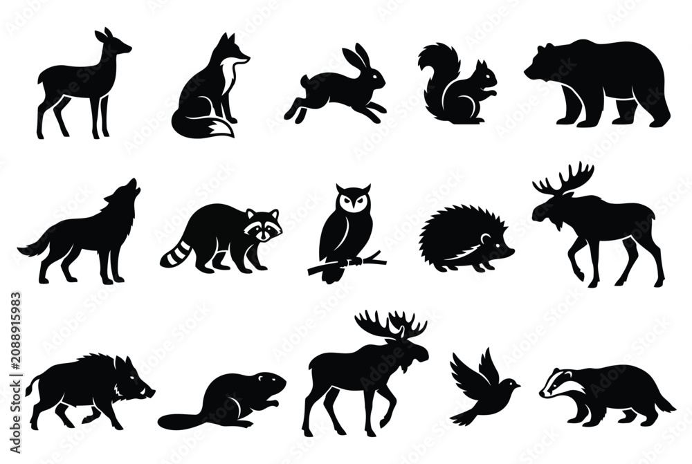 Fototapeta premium Set of forest animals silhouettes, wild woodland creatures, vector illustration