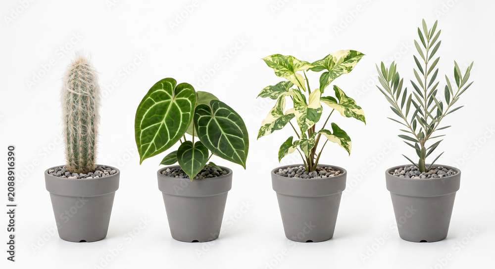 Fototapeta premium Collection of Rare Indoor Houseplants and Cactus in Pots Isolated on White Background