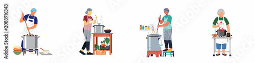 Diverse volunteers preparing and cooking large pots of hot food in a communal kitchen for a charity food bank.