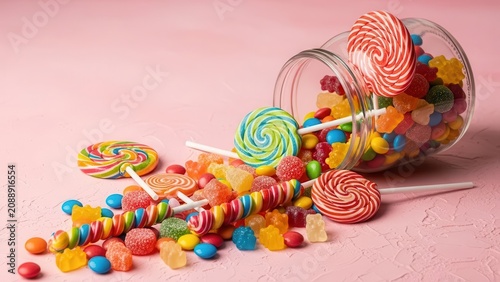 Assortment of Colorful Candies Spilling from a Glass Jar