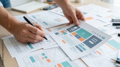 Website designer working on creative planning and application development draft sketches.