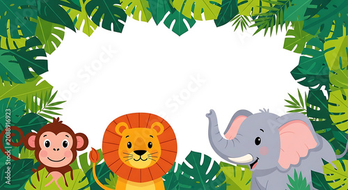 Cartoon monkey lion and elephant in a jungle frame with green leaves