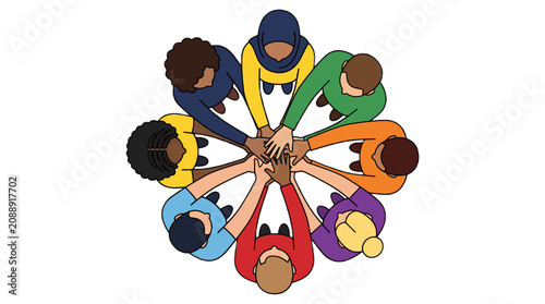Diverse group of people in colorful shirts joining hands in a circle, symbolizing unity and teamwork from a top down view Education and back to school.