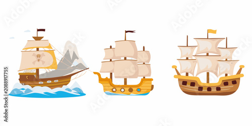 Tableau sur toile Three Cartoon Style Ships Depicted Against A White Background