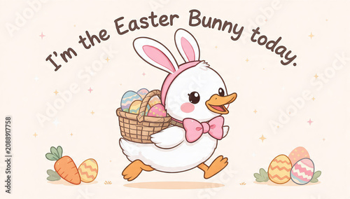 Cute cartoon duck with bunny ears and bow, carrying Easter eggs in basket, suitable for holiday cards, children's books and springtime promotions