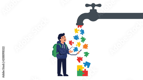 Student overwhelmed by falling puzzle pieces from a faucet, symbolizing information overload or learning challenges Education and back to school.